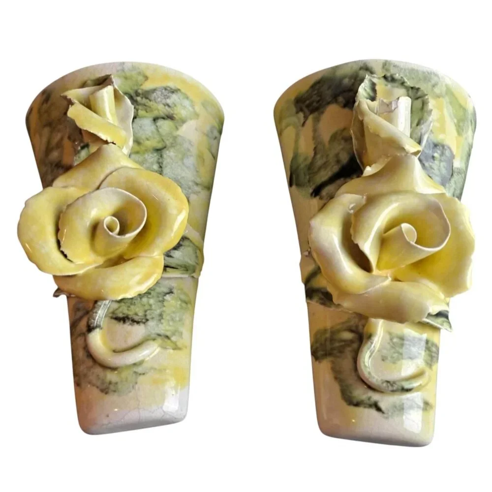 Vtg Lora Aileen Cali Green & Yellow Floral Capodimonte Wall Pocket Vase Set